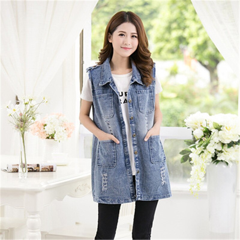 Plus size 5xl jactet denim vest kvinder sommer ærmeløs cardigan dame jeans veste koreanske huller lange denim jakker 969: 4xl