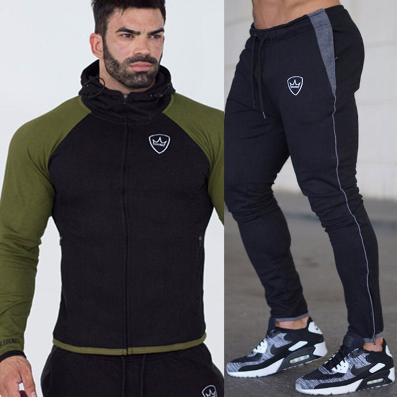 Homens correndo ternos do esporte moletom/sweatpants ginásio treinamento de fitness casaco hoodies calças define masculino jogging esportes agasalho: Black Green / M