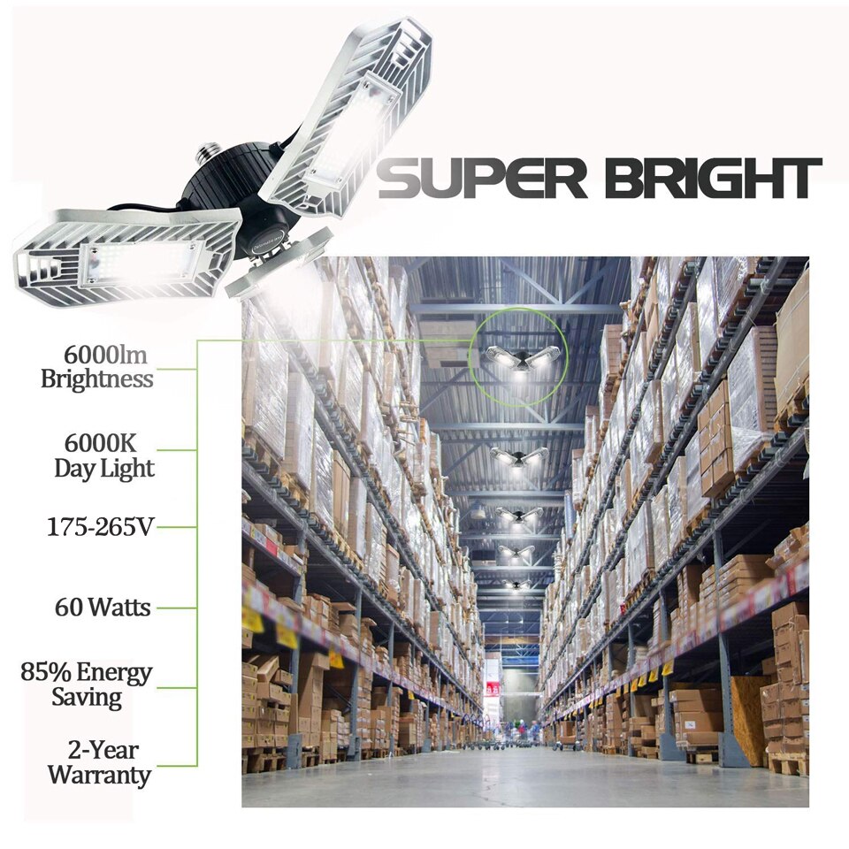 Luces para Garage LED 60W, luz de techo ajustable para garaje, bombillas de bombilla LED tipo mazorca deformables de alta intensidad, 6000LM para estacionamiento en sótano