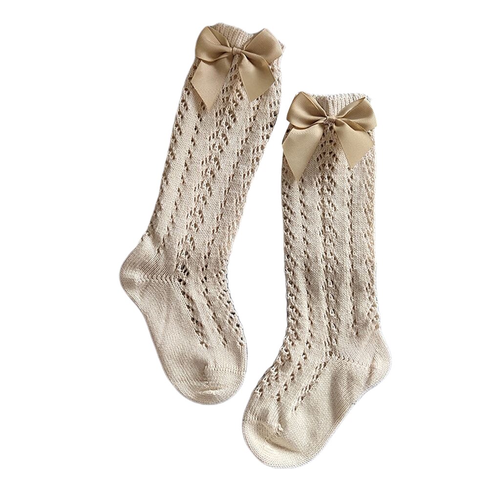 Newborn Baby Girls Solid Bow Knot Socks Hollow out Knee High Leg Warmer Summer Infant Toddler Children Kids Cute Socks 0-3T: Beige / 1-3T