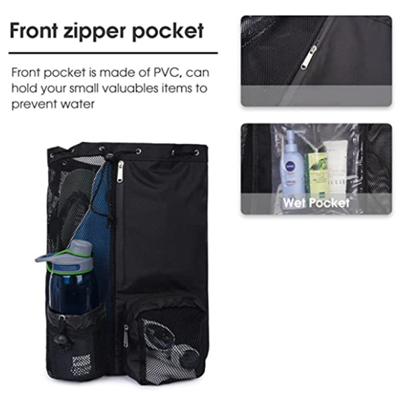 Badetasche, Netz-Rucksack mit Kordelzug und Nassfach, Mehrzweck-Strandrucksack für Schwimmen, Fitnessstudio und Trainingsgeräte