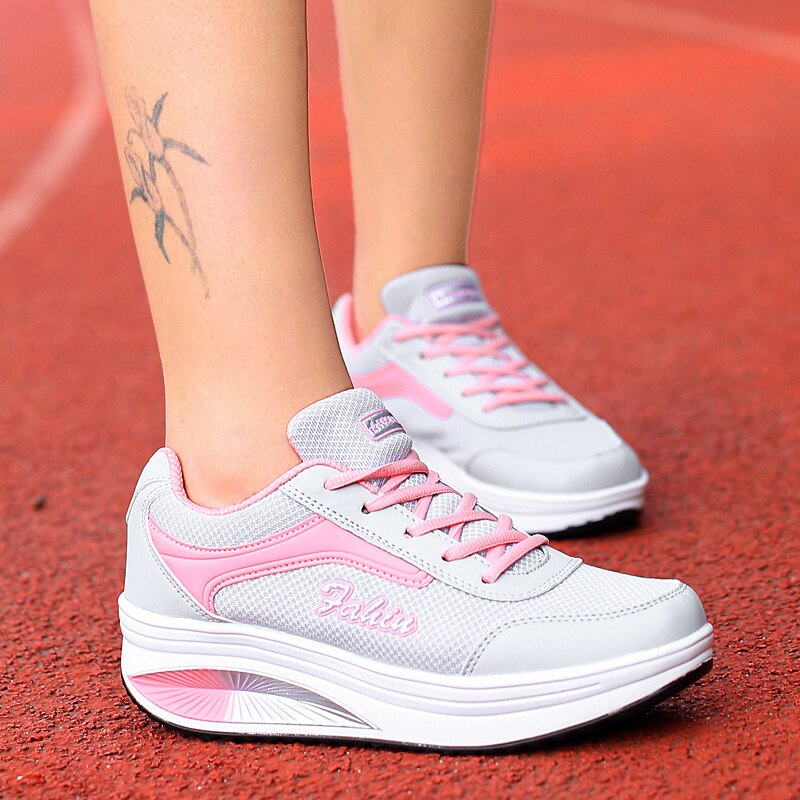 Women Flat Toning Shoes Lace Up Ladies Platform Shake Walking Shoes Pink Blue Women Wedge Sneakers Body Thick Sole Trainer