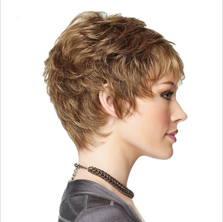 Grillige W Synthetische Gemengde Blonde Korte Pruiken Natuurlijke Bruin Haar Hittebestendige Haar Pruik Voor Vrouwen