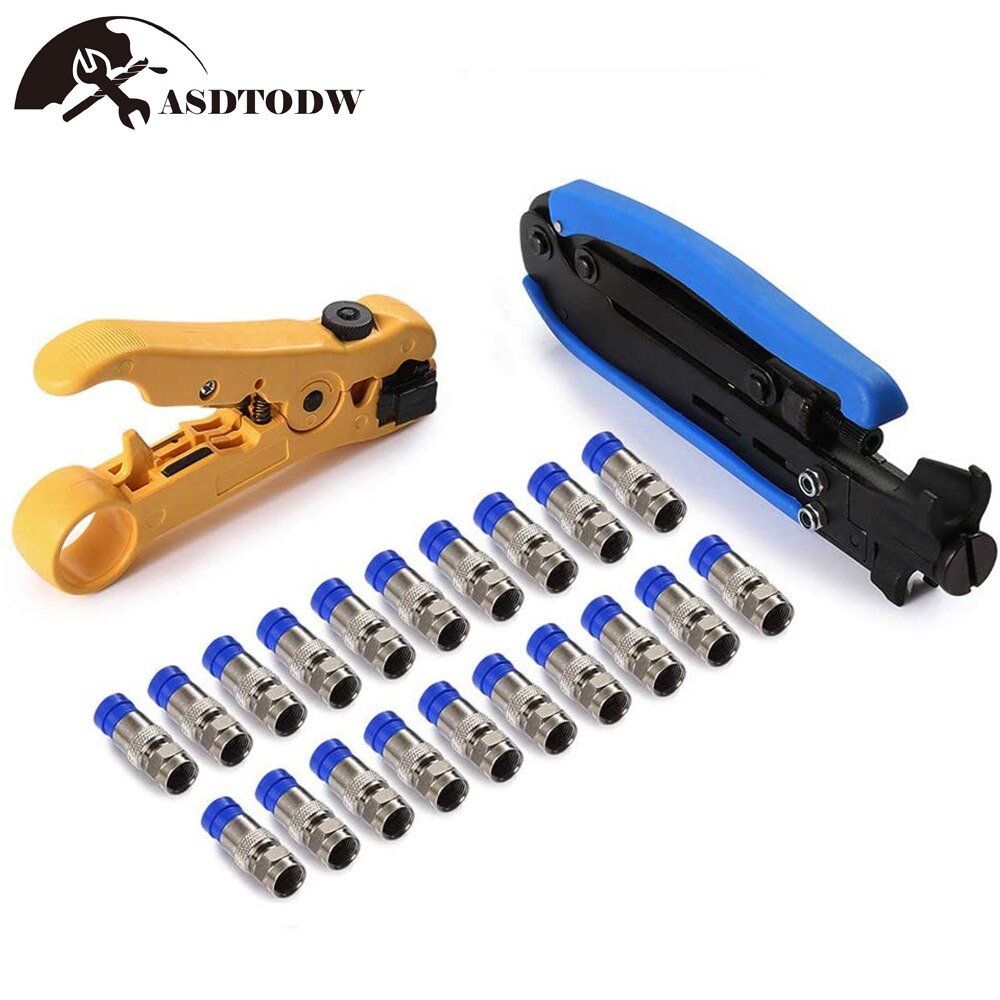 RG6 Compression Tool Coax Cable Crimper Kit RG6 RG11 RG59 F81 with 20PCS F Compression Connectors: 2pcs-20pcs F head