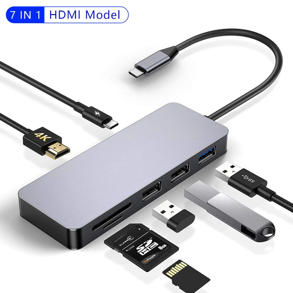 8 em 1 usb c doca hdmi rj45 adaptador multi-porto tipo c hub divisor hub usb macbook acessórios usb c tipo c 3.1: 7 IN 1 Grey hub