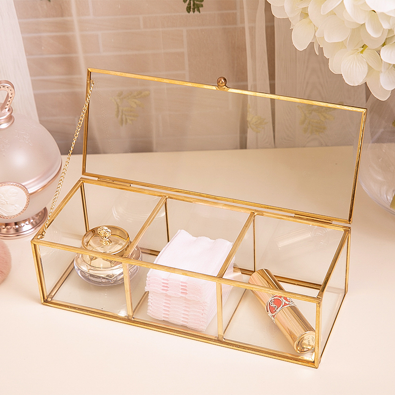 Klassisk europæisk glas makeup organizer med gylden dækket kant badeværelse makeup organizer make up produkter kosmetisk organizer