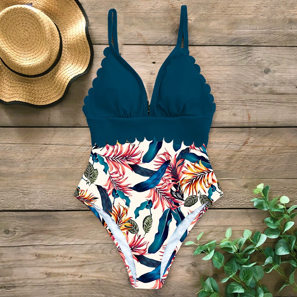 Sexy Off The Shoulder Ruffle One Piece Swimsuit Print Swimwear Women Swimsuit Deep-V Bathing Suits Beach Wear Swim Suit