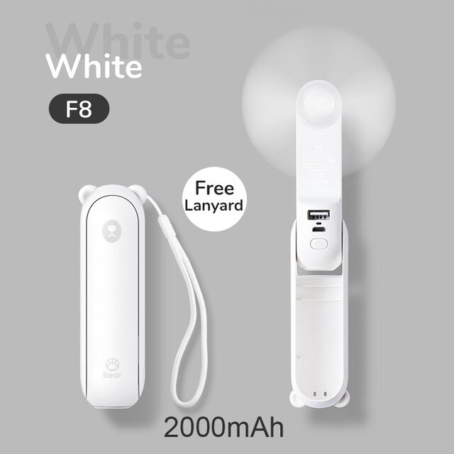 Jisulife Mini Ventilator Draagbare Ventilator 4800Mah Blijvende Stille Opvouwbare Usb Oplaadbare Ventilator Met Power Bank En Zaklamp Functie: White F8 2000mAh