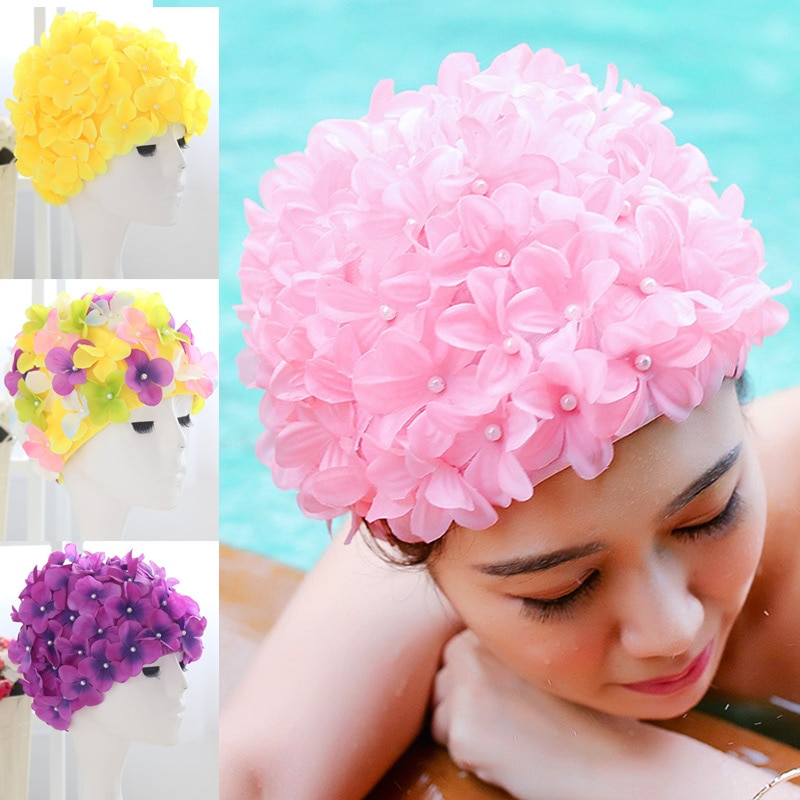 Sombrero de baño con pétalos 3D para mujer, gorro de baño con flores para piscina, novedad de
