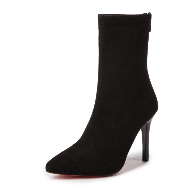 Dam sock boots spetsiga tå elastiska hög slip on häl hög ankel pumps stilett botas mujer höga boots zapatos muje: Svart / 8