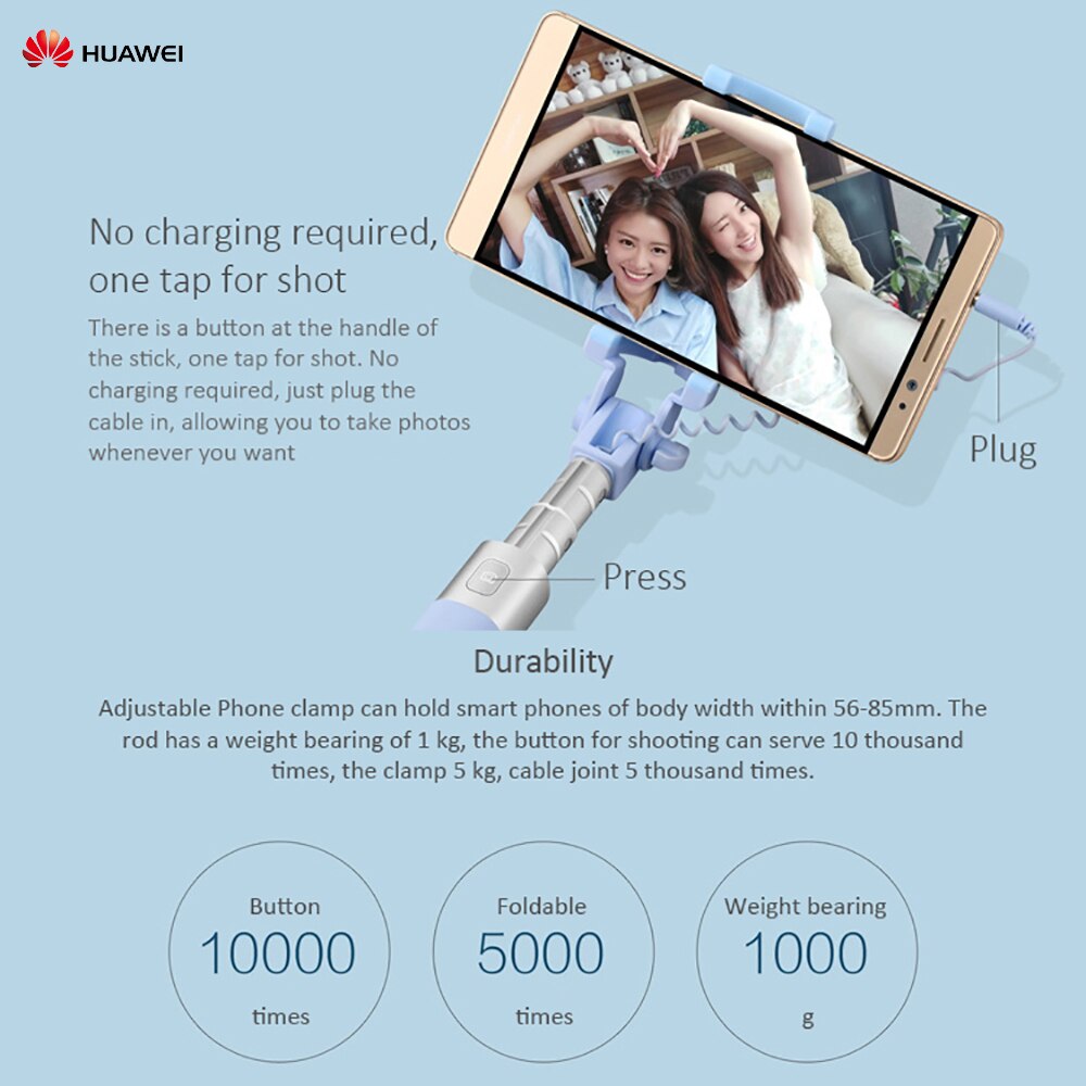 Huawei Wired Selfie Stick - 66cm Extended - 18cm Folded - 270° Adjustable Head - for 56-85mm Smartphones