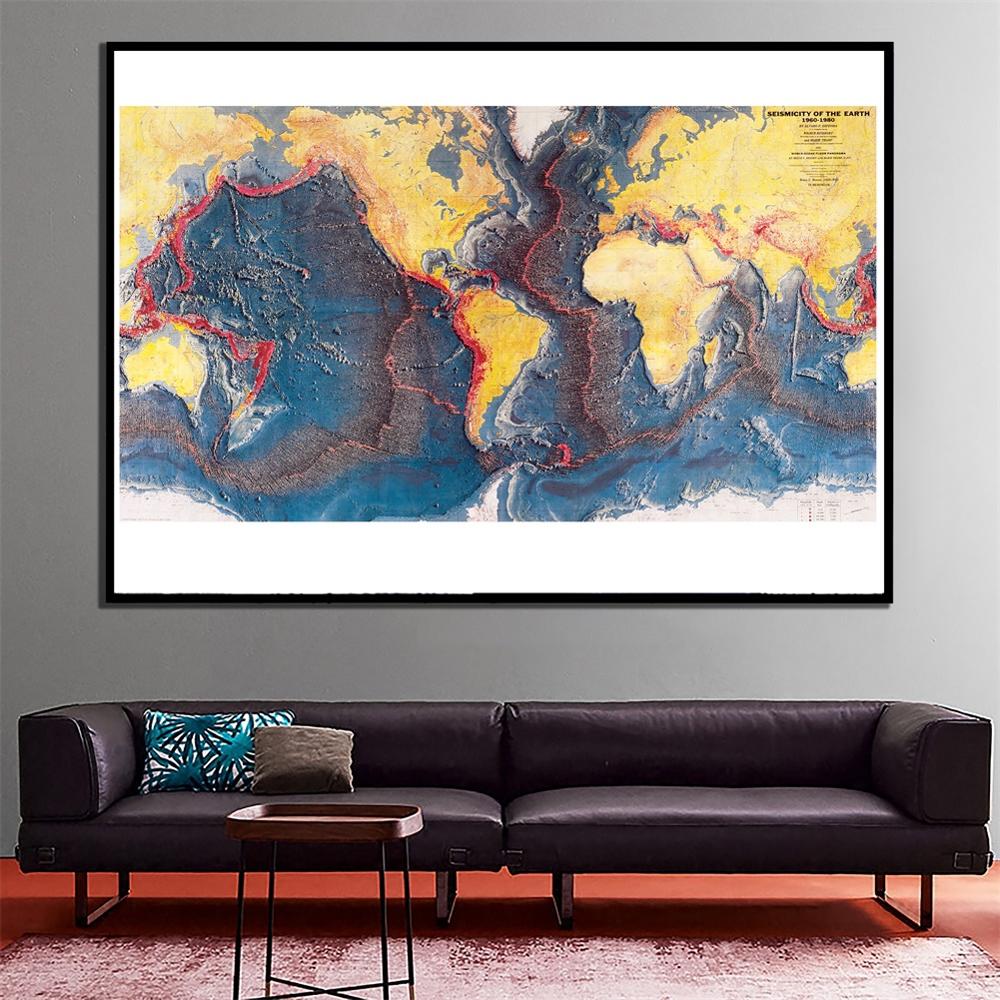 24X48 Inch 1960-1980 Seismicity Van De Aarde Home Office Muur Decor Canvas Schilderij Woonkamer Decor kaart