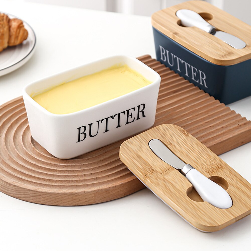 Nordic Butter Sealing Box,Ceramic Butter Plate with Wood Lid and Knife,Cheese Storage Tray Butter Dish Container Box, White