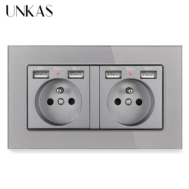 Unkas eu frans stopcontact met dubbele usb-poort + tv  rj11 telefoon  rj45 internet computeraansluiting 146mm * 86mm grijs glazen paneel stopcontact