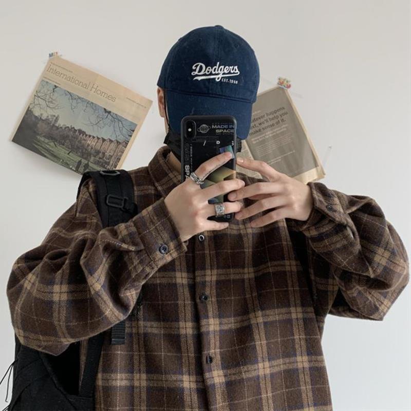 Korean Clothes Retro Thick Woolen Plaid Shirt Cotton Long Sleeve Turn-down Collar Brown Casual Loose Harajuku Couple Clothing
