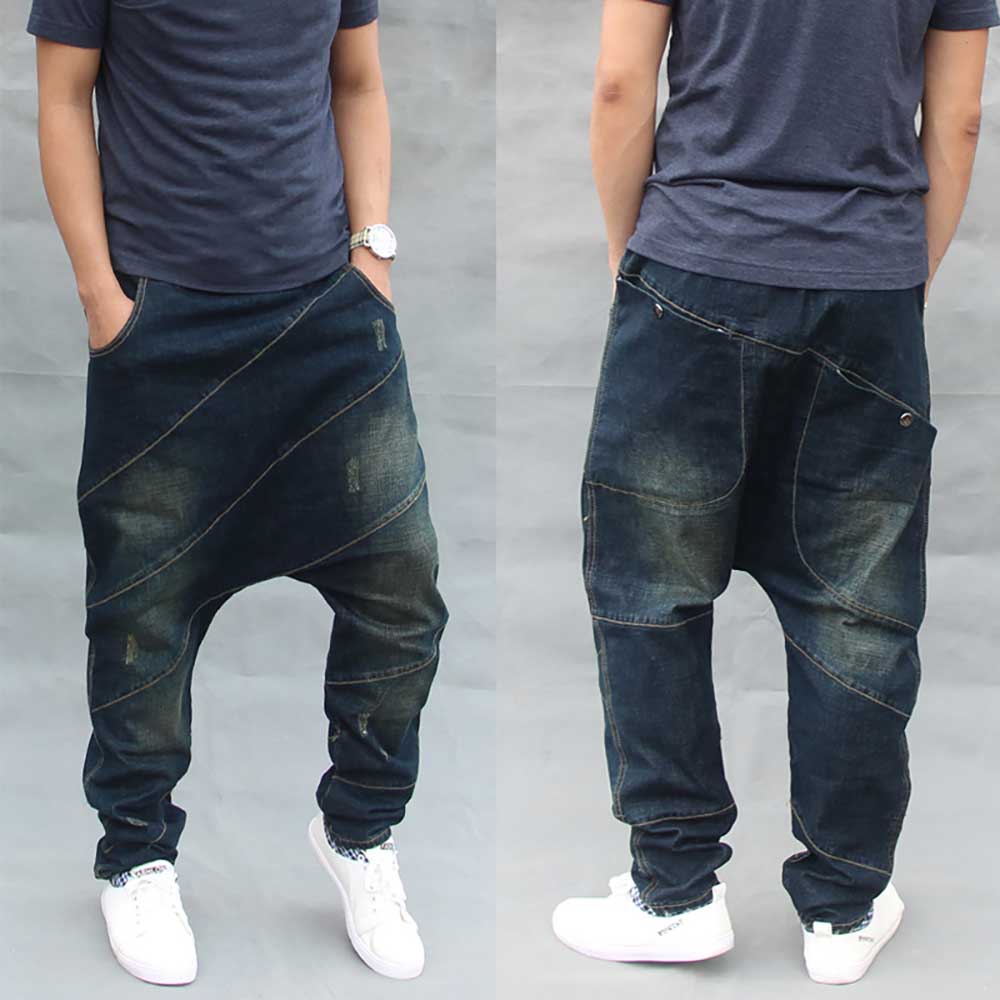 Pantalones vaqueros holgados #39 modernos para hombre, estilo casual, estilo harén, estilo hip hop, con cintura elástica y cordón, color azul, talla grande.