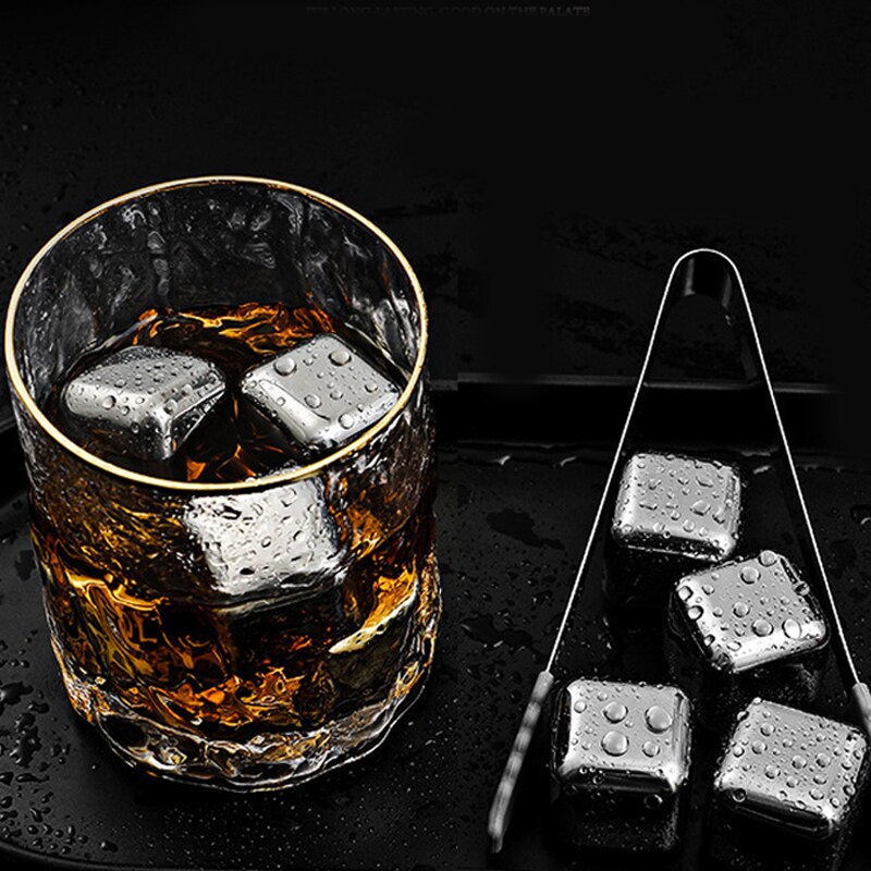 Stainless Steel Whiskey Stones Set Reusable Ice Cubes for Drinks Cocktail Shaker Whiskey Rocks Chilling Stones + Ice Tongs