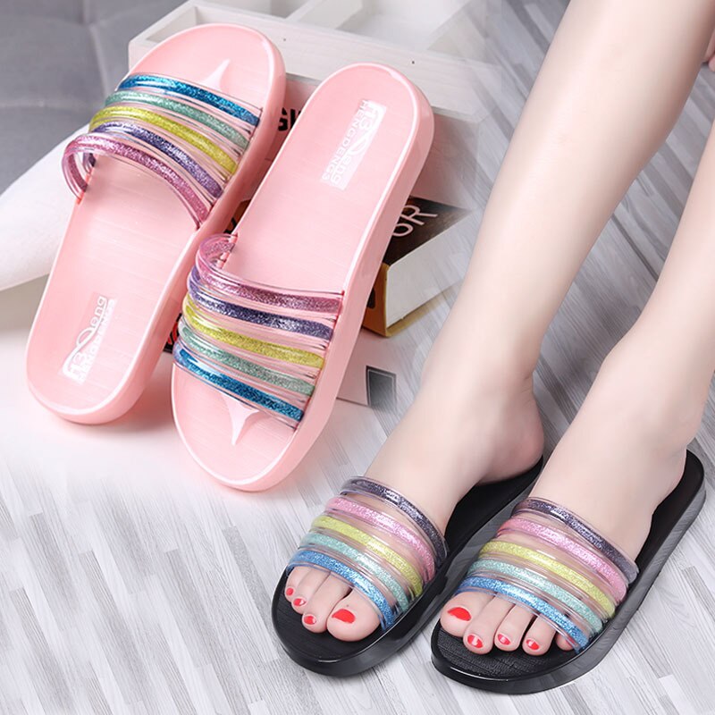 Transparent arc-en-ciel adolescent filles pantoufles enfants maison chaussures été cristal pantoufles intérieur maison antidérapant salle de bain pantoufles