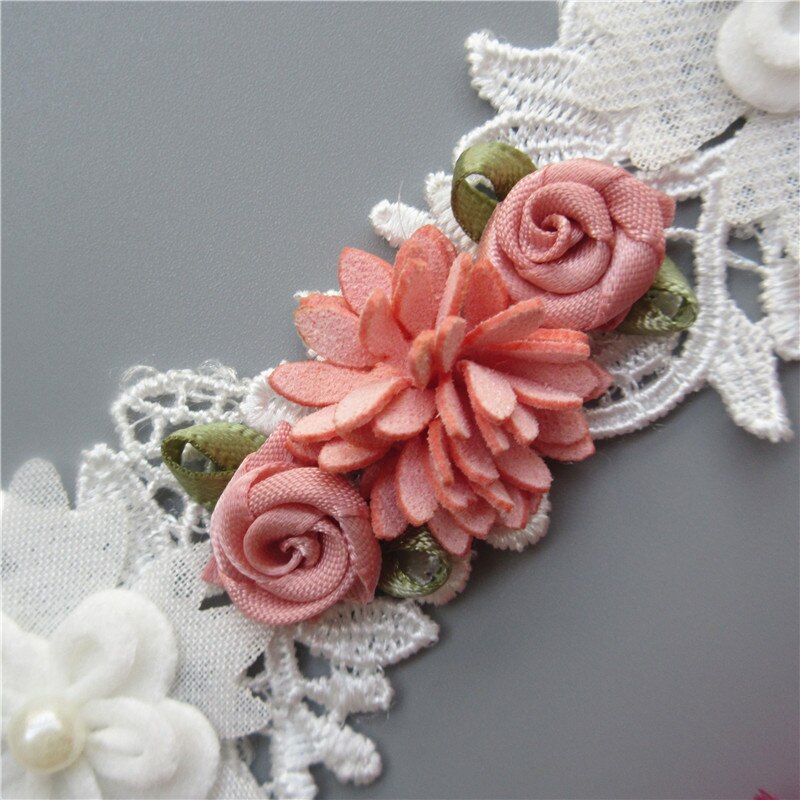 Oplosbare Wit en Roze Parel Rose Bloem Geborduurde Kant Trim Lint Stof Naaien Ambacht Voor Kostuum Hoed Schoenen Decoratie