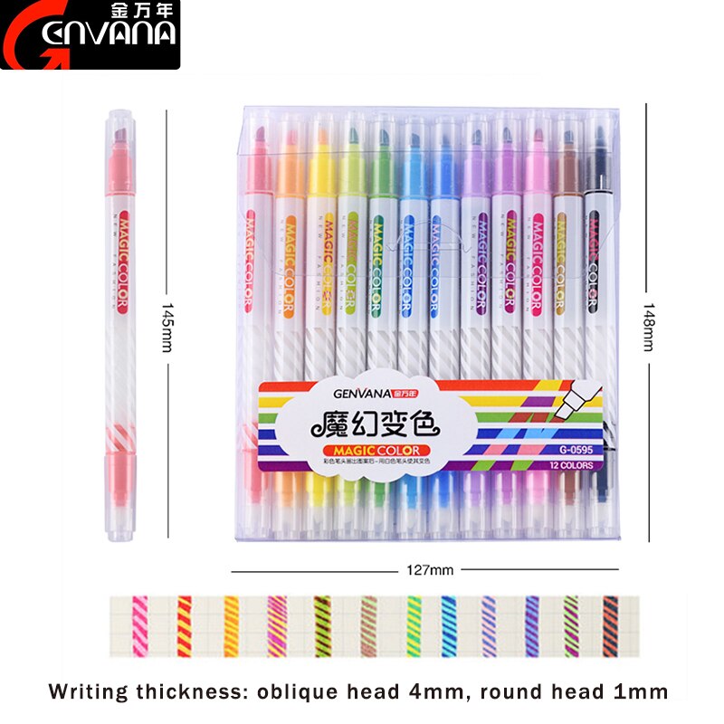 Genvana Art Magic Kleur Veranderende Marker Pen 12 Kleuren Meisjes Hand Geschilderd Note Verkleuring Pen Tweekoppige Markeerstift g-0595