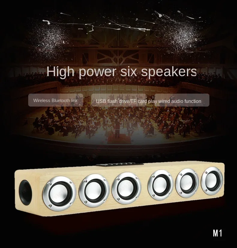 Super kraftfuld bluetooth-højttaler med seks subwoofere i træ, hjemmebiograf med tv-lydboks, soundbar med surround-stereo, tf-disk, u-disk