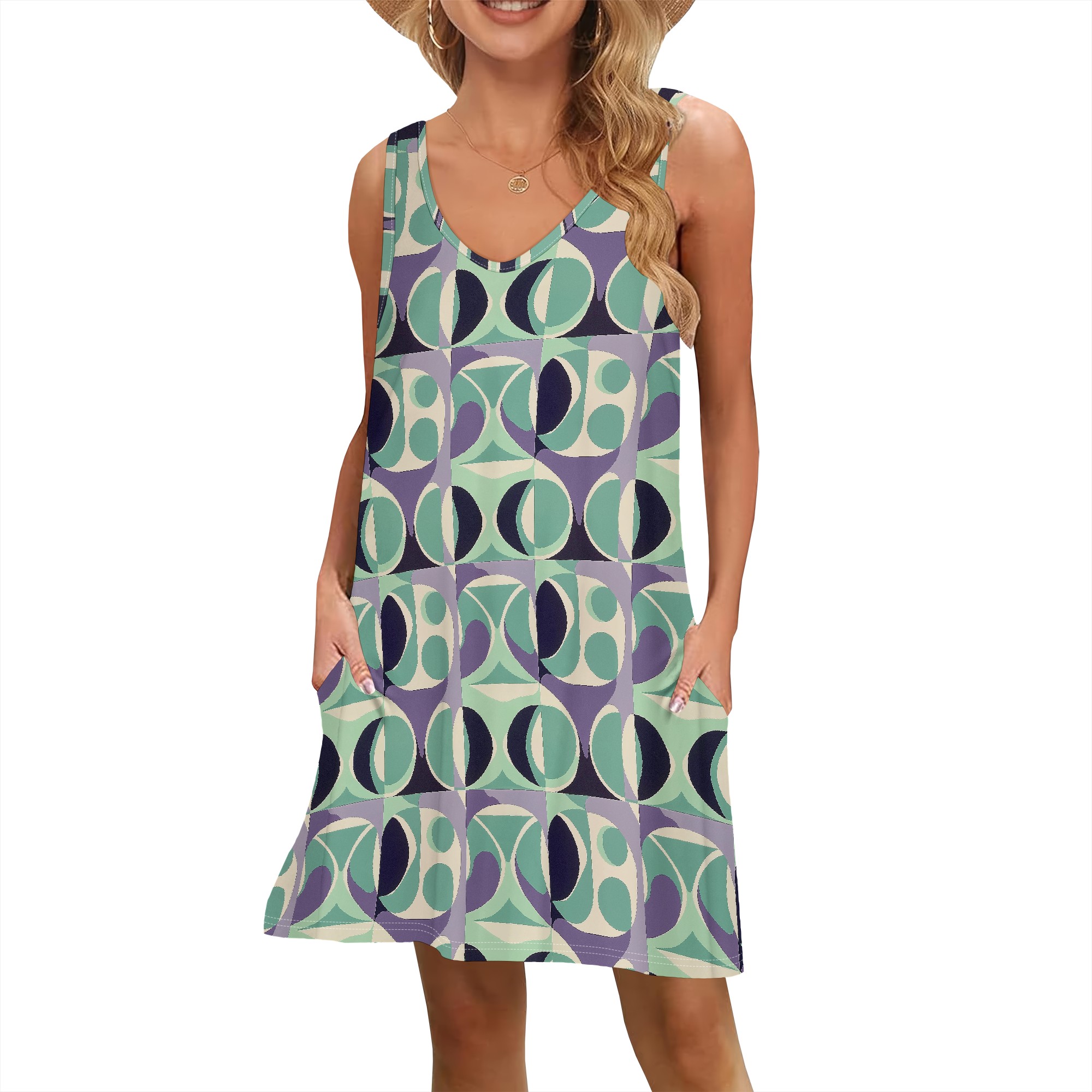 kosmisch sternenklar Himmel Kleid, ärmellos, lila Mondmuster, A-Linie, V-Ausschnitt, XS-2XL, mit Taschen für Feste und Ausgehen: XL / Hellgelb