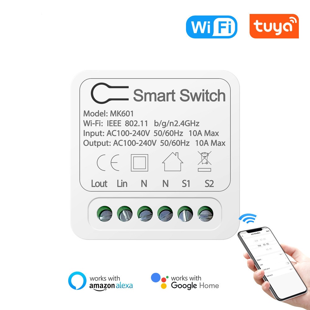 Tuya – Mini commutateur WiFi intelligent, 10a, 16a, 2 voies, Module de contrôle domotique, fonctionne avec Alexa Google Home Yandex Alice Smart Life