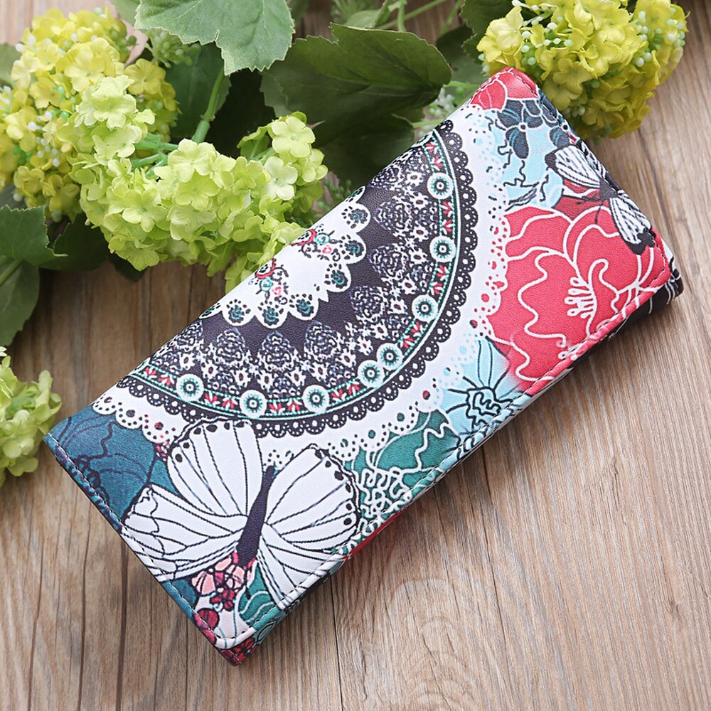 Retro kvinner skinn lang lommebok kortholder telefonveske etui med blomstertrykk clutch veske dame håndveske myntlomme: C