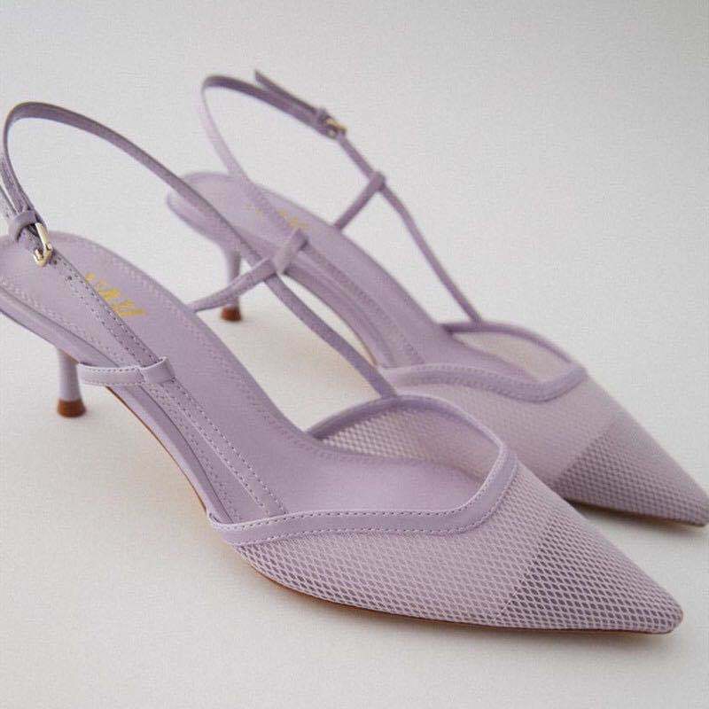 Sandalias de tacón alto de gato para mujer, zapatillas con puntera en la espalda y tacón fino con correa, color morado