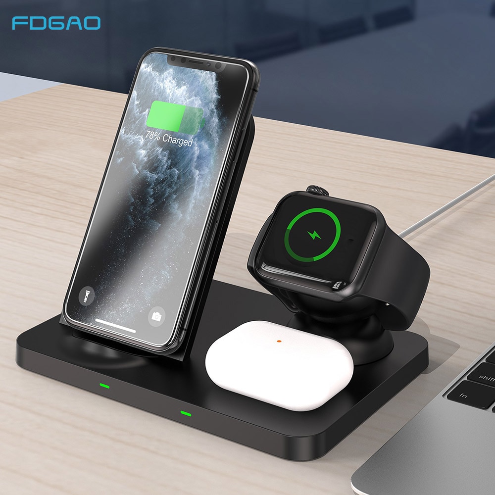 3 in 1 trådløs opladningsstation til apple watch 6 se 5 4 3 2 airpods pro  qi 15w hurtig oplader station til iphone 12 11 x xs  xr 8