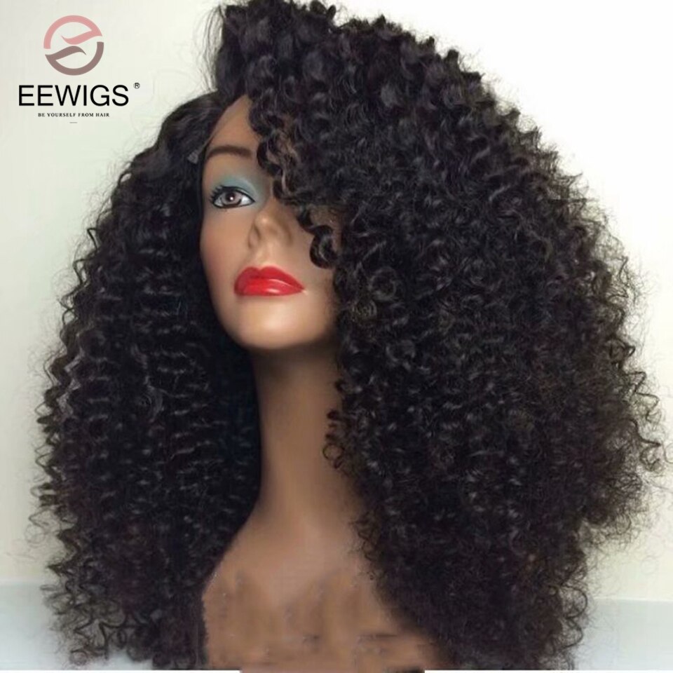 EEWIGS Long Black Curly Wig 180% Density Synthetic Lace Front Wig With Natural Hairline Heat Resistant Afro Wigs For Black Women