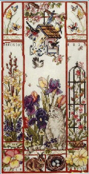 Gold Collection Lovely Counted Cross Stitch Kit Spring Summer Autumn Winter Cat Sampler Janlynn 023-0585 0580 0579, season cat: spring / 18CT unprint canvas