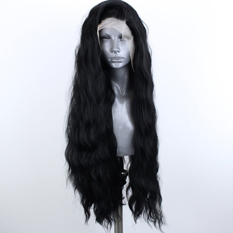 Pelucas de QUINLUX pelucas de onda largas y negras resistentes al calor de fibra de pelo pelucas de encaje sintético para mujeres pelucas de maquillaje de uso diario