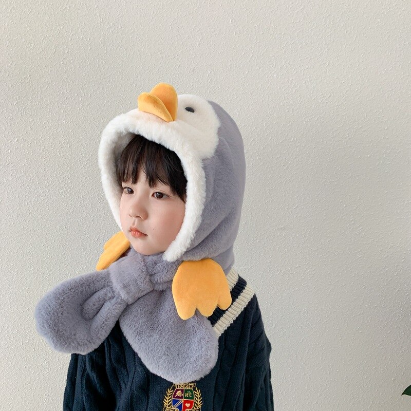Sombrero de pingüino y bufanda para niños, otoño e invierno, bonito sombrero de felpa para niños y niñas: Blanco