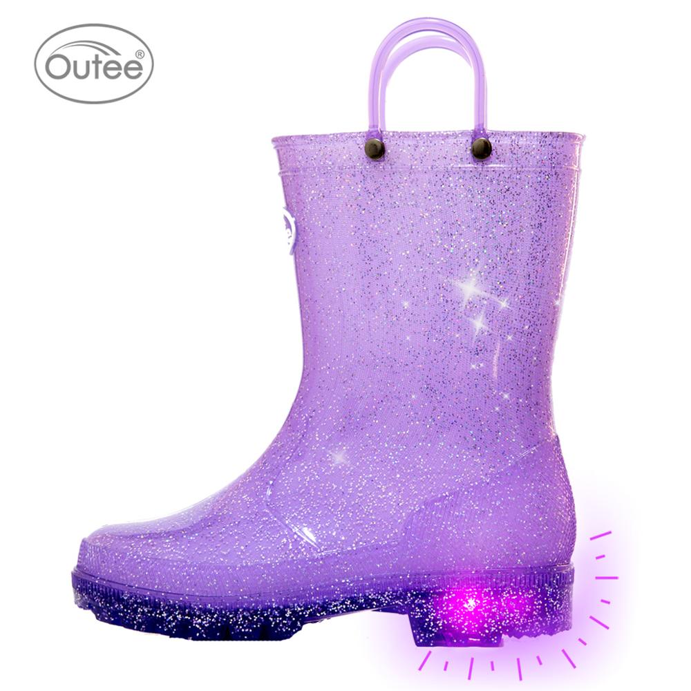 Meisjes Kinderen Regen Laarzen Voor Peuter Kinderen Baby Waterdichte Rubber Modder Schoenen Light Up Led Sparkle Glitter Lichtgewicht Paars Blauw: Glitter Purple / 13