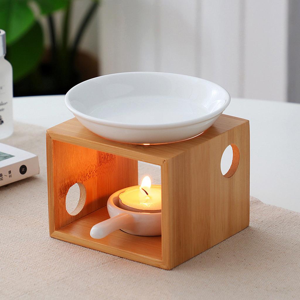 Keramische Kaarshouder Essentiële Olie Brander Diffuser Oven Warmer Theelichtje Kaars Houten Basis Lamp Porselein Woonkamer Decor: WHITE
