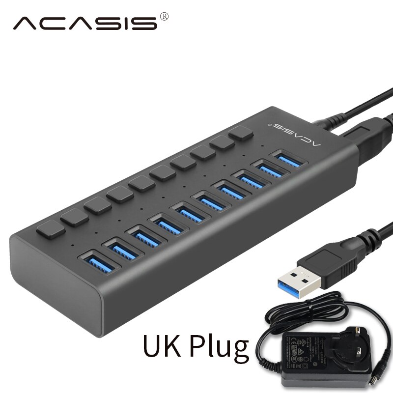 Acasis Multi USB 3.0 Hub 10 ports High Speed With ON OFF Switch Adapter Splitter USB Expander Computer Accessories: UK Aluminum Black