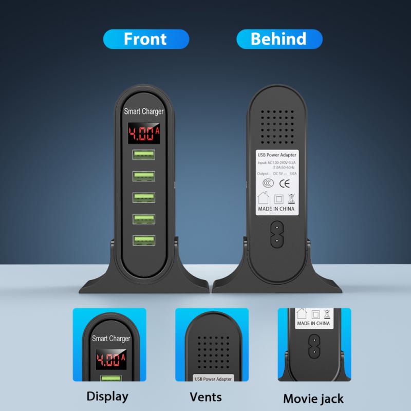 48W 5-port USB Mobile Phone Charger Travel Smart LED Digital Display Charger With Stand Mobile Phone Universal Charging