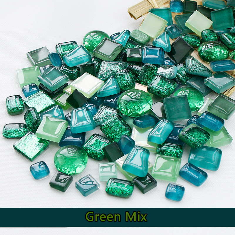 Perles de mosaïque en verre multicolores de 300g/10.58oz, rondes/triangles/carrées, pierres de mosaïque brillantes pour bricolage: Green Mix