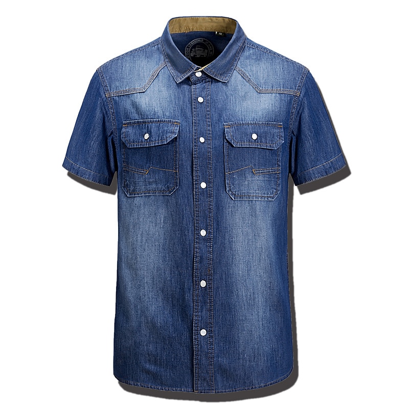 Sommar jeansskjortor för män vattentvätt bomullsmärke kortärmad blå ficka märkeskläder mans slim fit jeanskläder