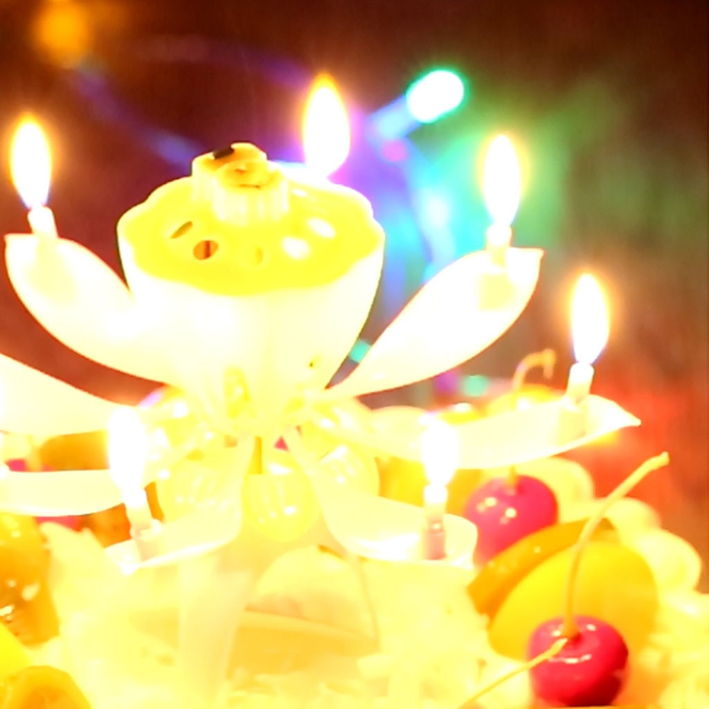 Double Lotus Music Candle Double Flower Blossom Birthday Cake Flat Rotating Electronic Rotating Lotus Candle for Kids Party