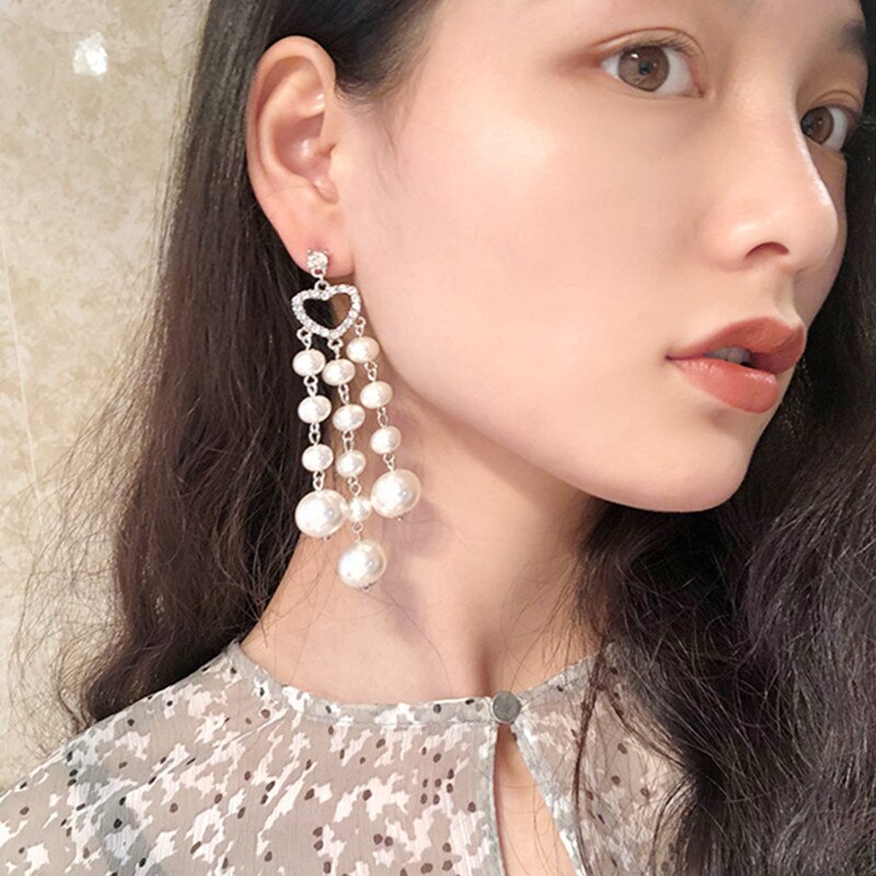 Full of pearls Heart Pendants Earrings Women Rhinestone Long Jewellery Charm Korean Earrings Girl