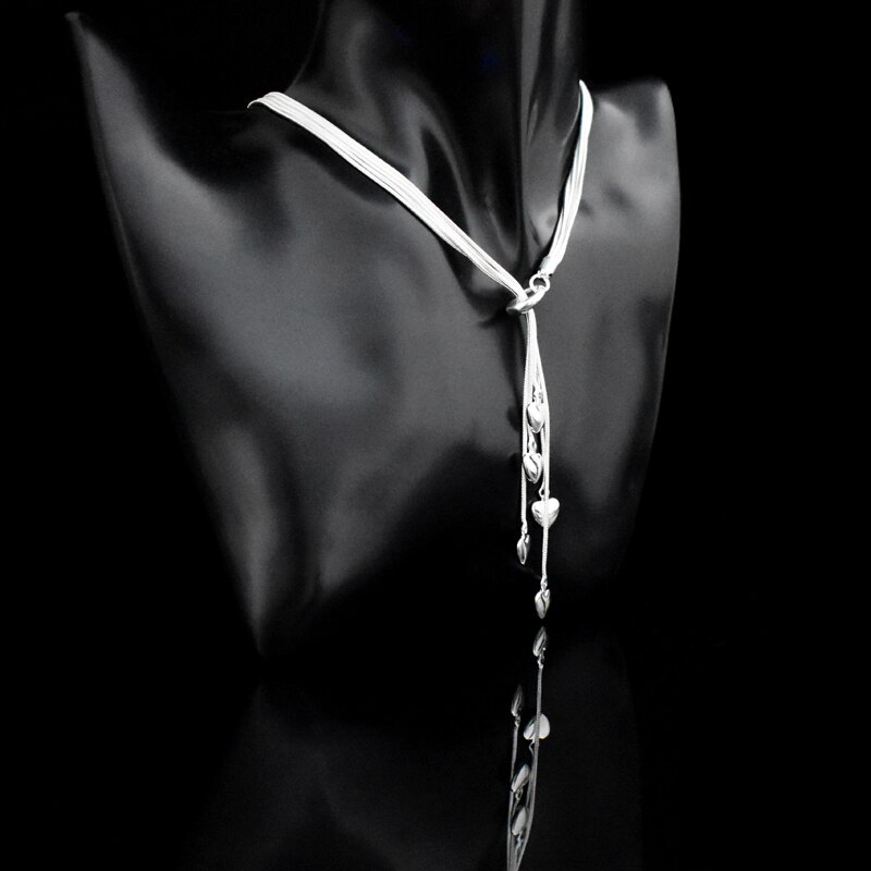 Luksus 925 sterling sølv lang kvast hjerte vedhæng halskæde fem etager maxi halskæder til kvinder smykker