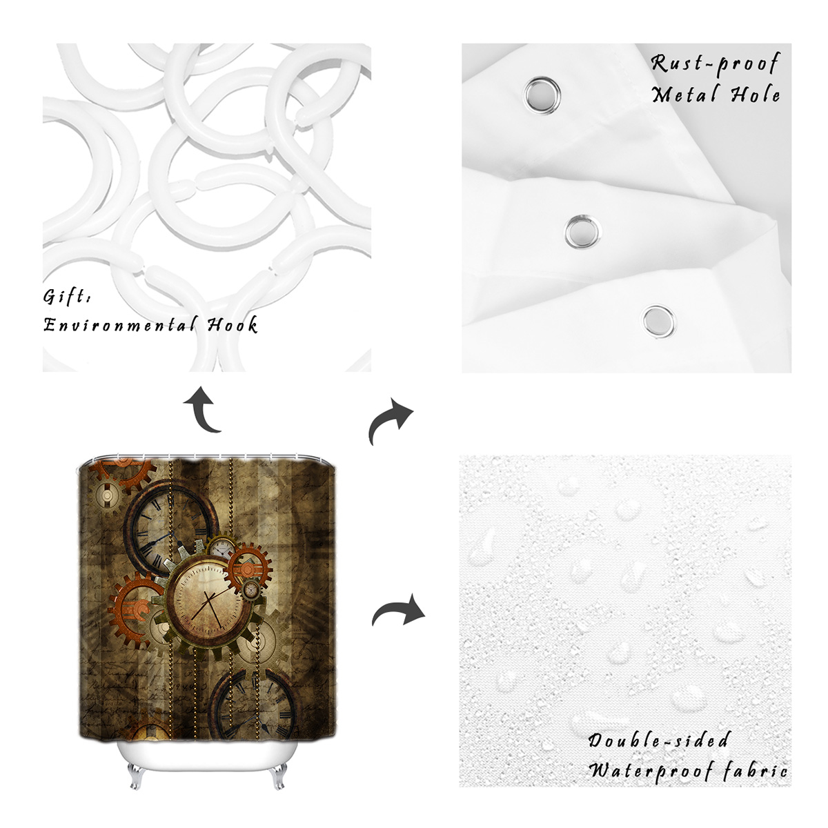 Rétro Steampunk horloges et engrenages rideau de douche imperméable et résistant à la moisissure Polyester tissu rideau de bain