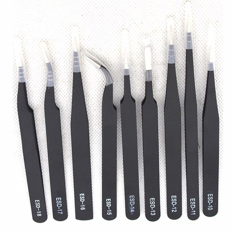 9 pièces antistatique ESD En Acier Inoxydable Pince À Épiler Outils de Maintenance De Précision Industrielle Courbé Brucelles Droites Outils De Réparation
