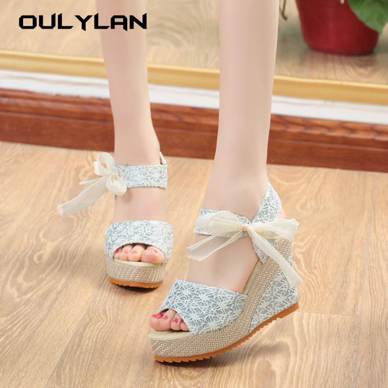 Dames Schoenen Open Neus Strik Zijden Lint Dames Sandalen Hoge Hakken Effen Outdoor Casual Plateau Wig Vrouwen Sandalen