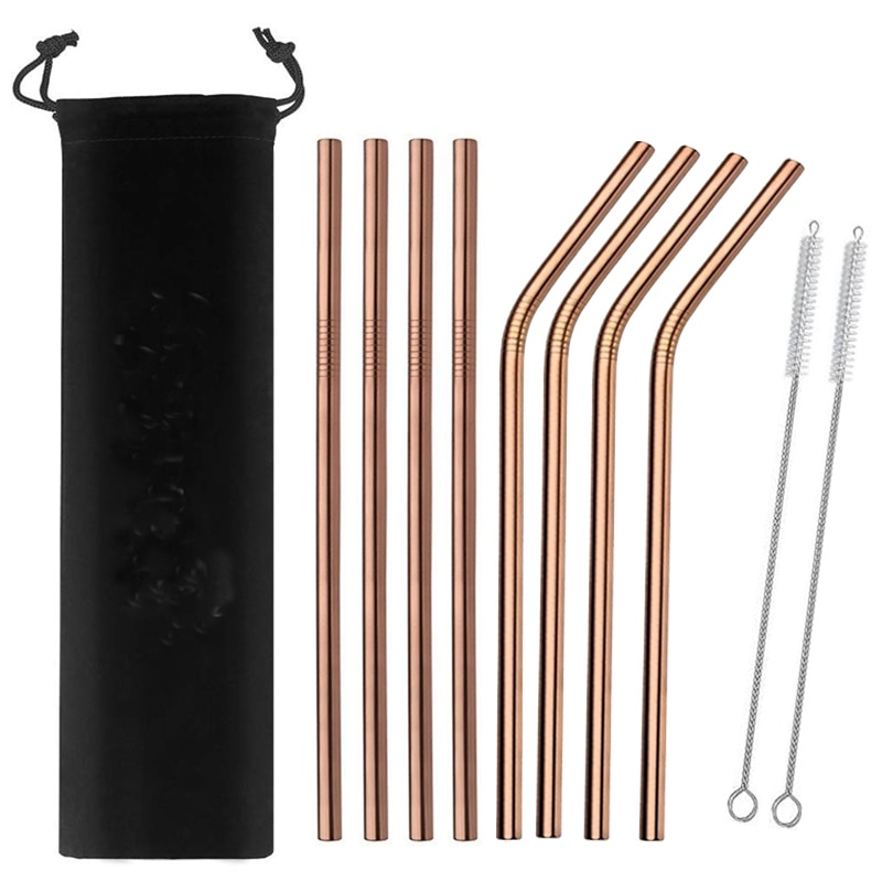 4/8Pcs Edelstahl Strohhalme Metall Wiederverwendbare Trinken Stroh Gold Gerade Gebogen Stroh Mit Reinigung Pinsel und Tasche