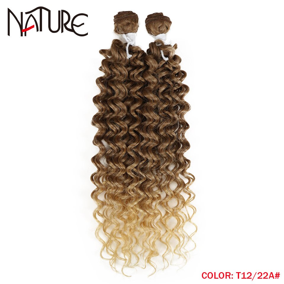 Nature Hair Weave Afro Kinky Curly Synthetic Hair High Temperature Fiber Ombre Brown 26 Inch Deep Wave Hair Bundles Extensions: T12-22A