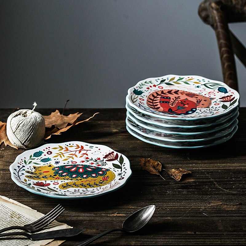 Plat de couleur en céramique dessin animé | Assiette ronde de couleur, style japonais peint à la main, chat chanceux, personnalité, vaisselle créative pour la maison, vaisselle nordique