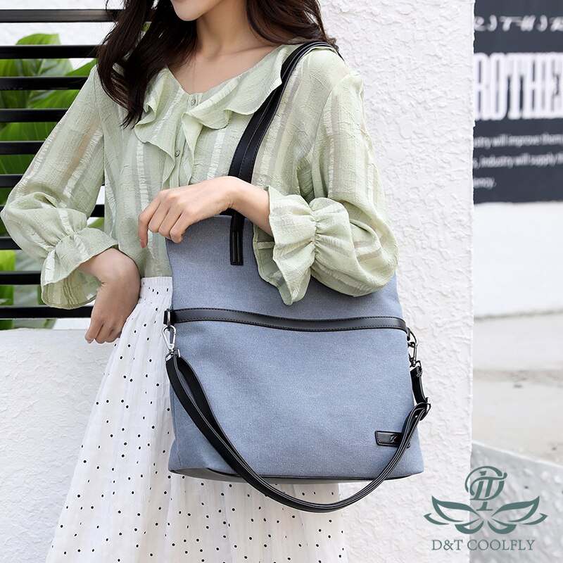 D&T Canvas Shoulder Bag Women Waterproof Colorful 16'Inch Laptop Luxury Zipper Soft Solid multi-function Bag